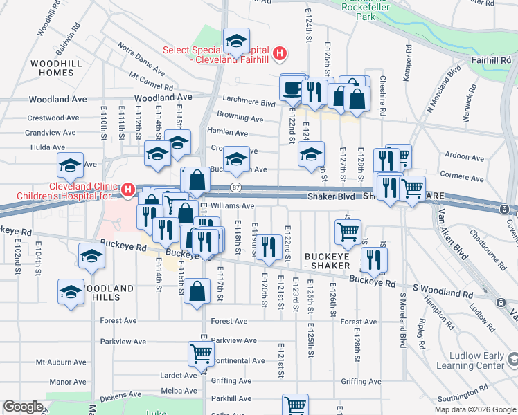 map of restaurants, bars, coffee shops, grocery stores, and more near 11900 Shaker Boulevard in Cleveland
