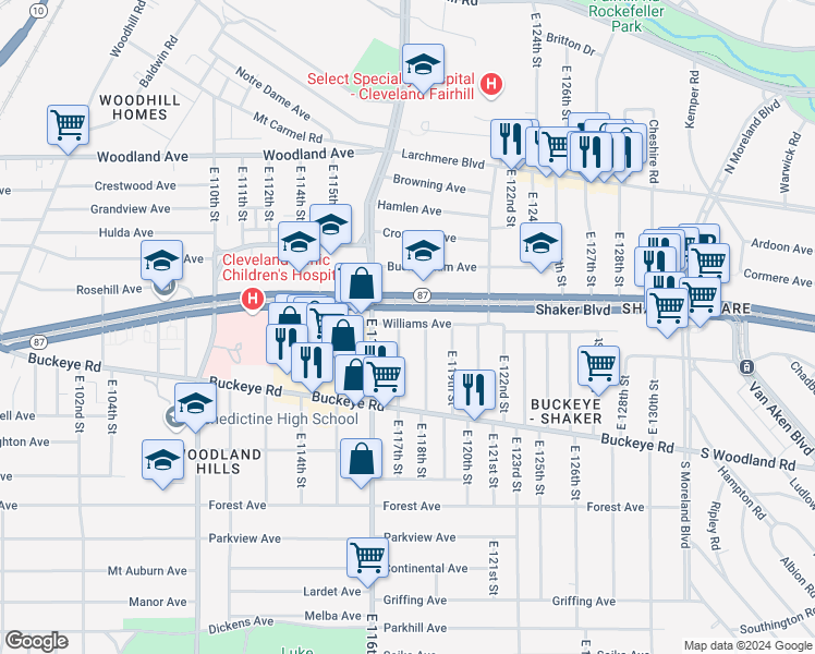 map of restaurants, bars, coffee shops, grocery stores, and more near 54 Shaker Boulevard in Cleveland