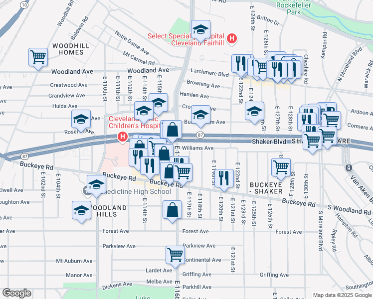 map of restaurants, bars, coffee shops, grocery stores, and more near 54 Shaker Boulevard in Cleveland