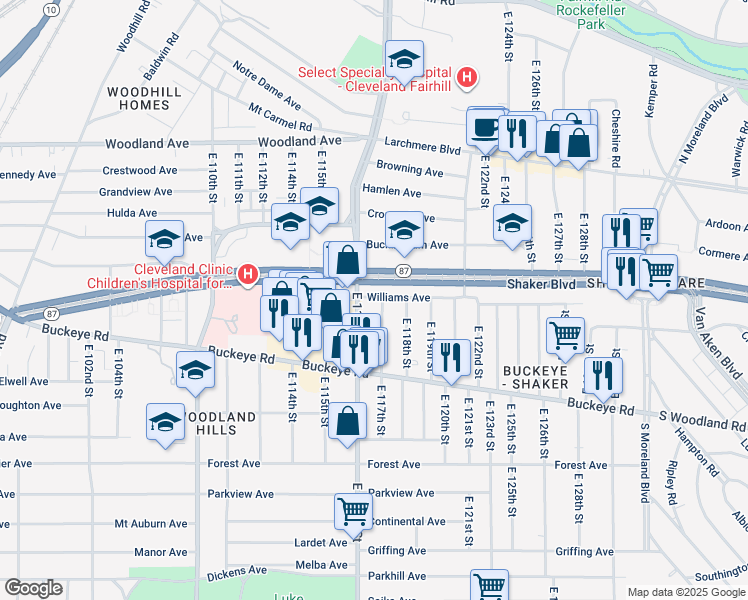 map of restaurants, bars, coffee shops, grocery stores, and more near 54 Shaker Boulevard in Cleveland