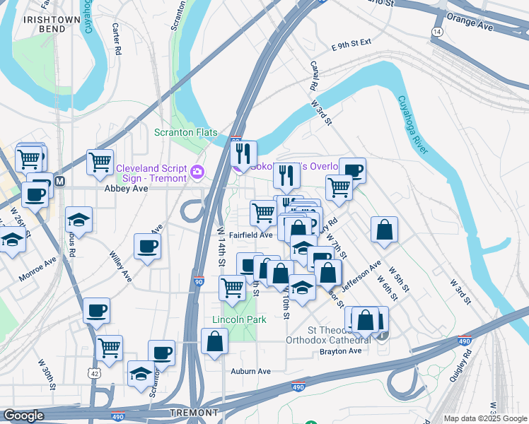 map of restaurants, bars, coffee shops, grocery stores, and more near 1019 Pelton Court in Cleveland