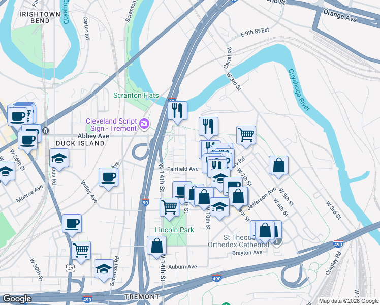 map of restaurants, bars, coffee shops, grocery stores, and more near 1019 Pelton Court in Cleveland
