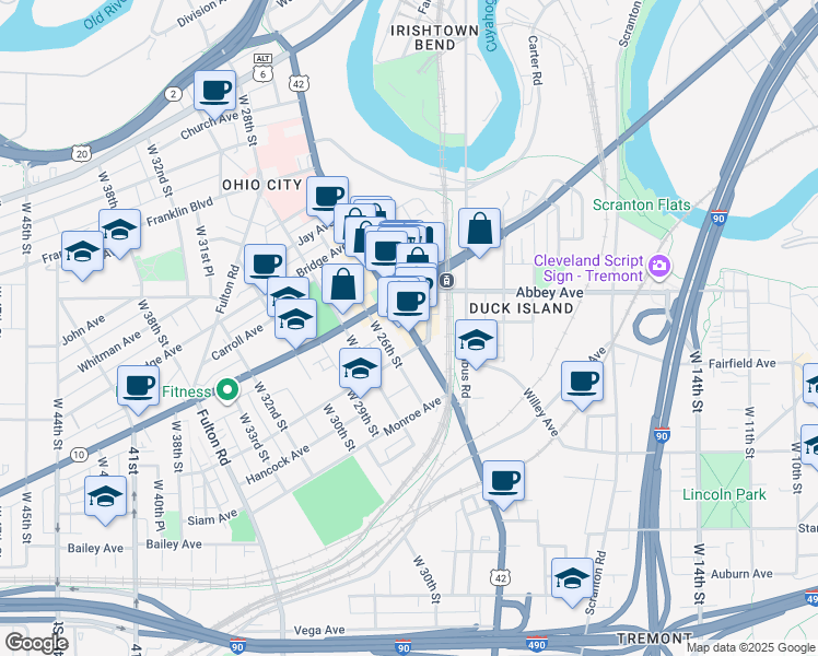 map of restaurants, bars, coffee shops, grocery stores, and more near 2061 Gehring Avenue in Cleveland
