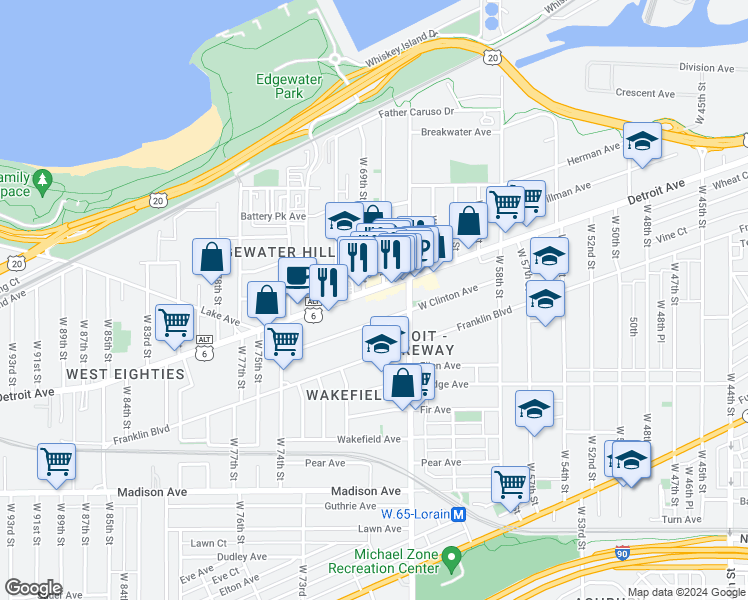 map of restaurants, bars, coffee shops, grocery stores, and more near 1379 West 69th Street in Cleveland