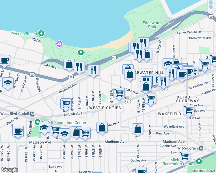 map of restaurants, bars, coffee shops, grocery stores, and more near 8318 Lake Avenue in Cleveland