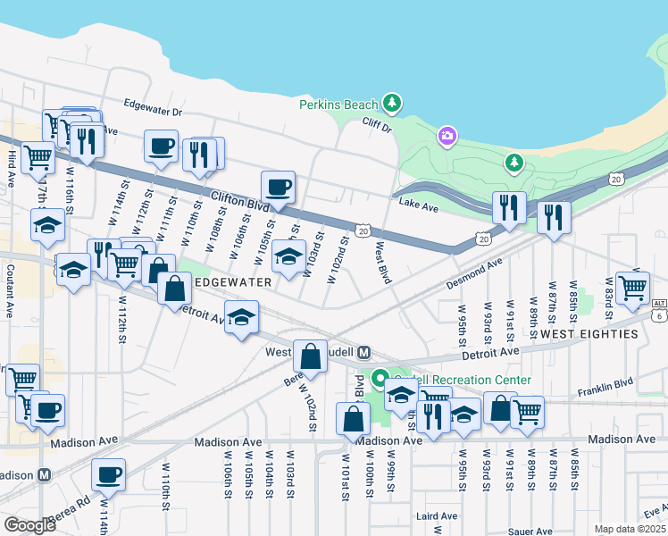 map of restaurants, bars, coffee shops, grocery stores, and more near 1278 West 102nd Street in Cleveland