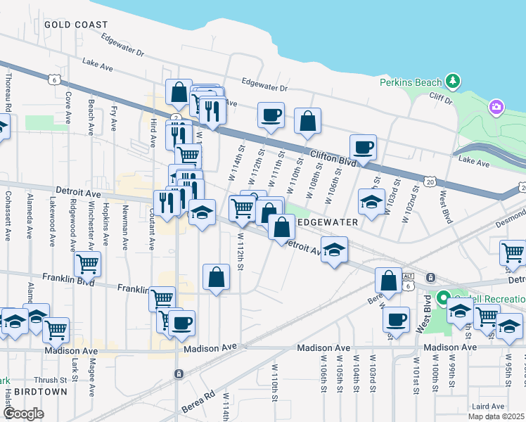 map of restaurants, bars, coffee shops, grocery stores, and more near 1338 West 111th Street in Cleveland