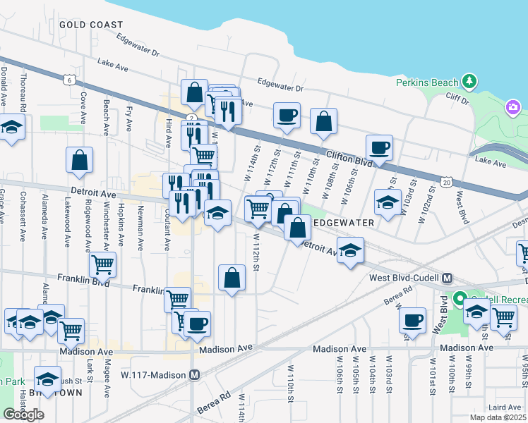 map of restaurants, bars, coffee shops, grocery stores, and more near 1346 West 112th Street in Cleveland