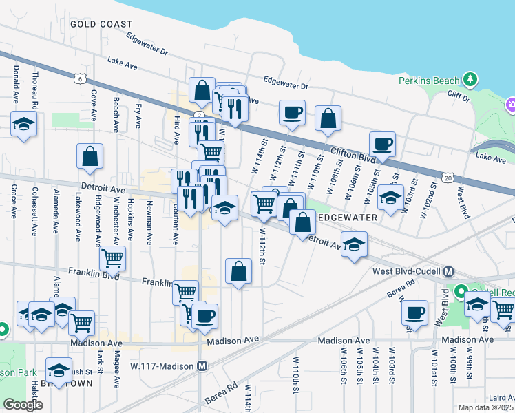 map of restaurants, bars, coffee shops, grocery stores, and more near 1346 West 112th Street in Cleveland