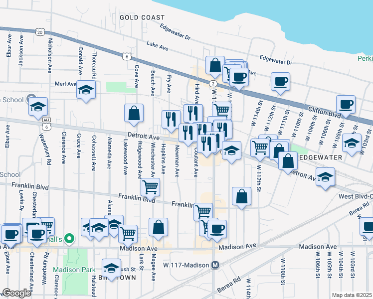 map of restaurants, bars, coffee shops, grocery stores, and more near 11814 Detroit Avenue in Lakewood