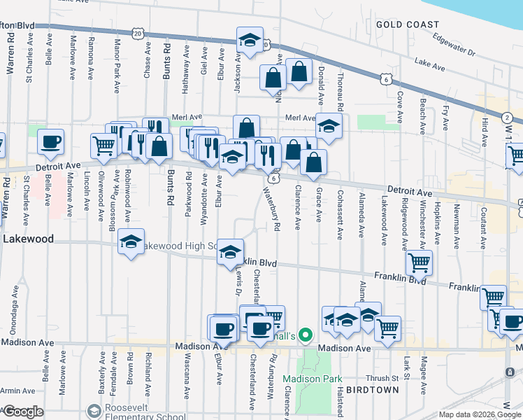 map of restaurants, bars, coffee shops, grocery stores, and more near 1434 Lewis Drive in Lakewood