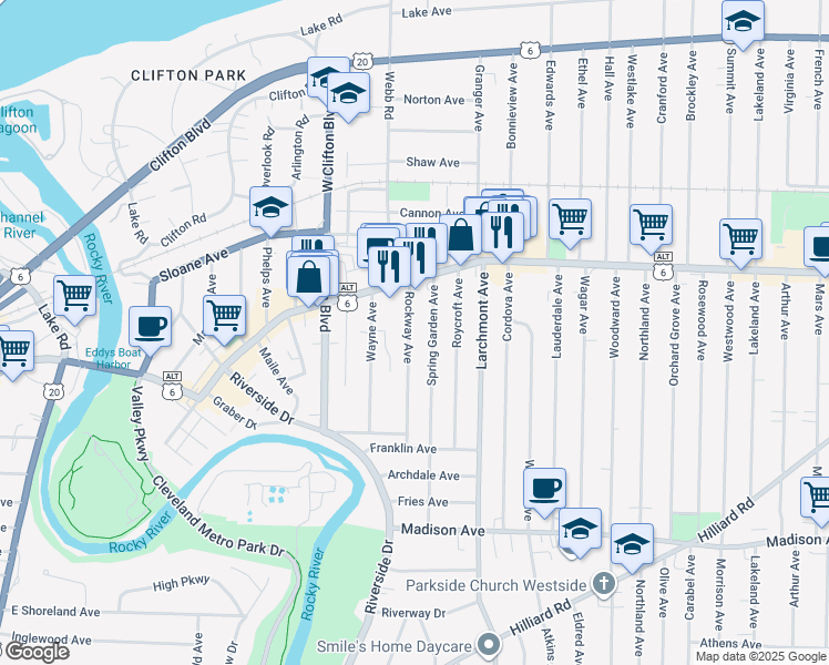 map of restaurants, bars, coffee shops, grocery stores, and more near 1430 Spring Garden Avenue in Lakewood