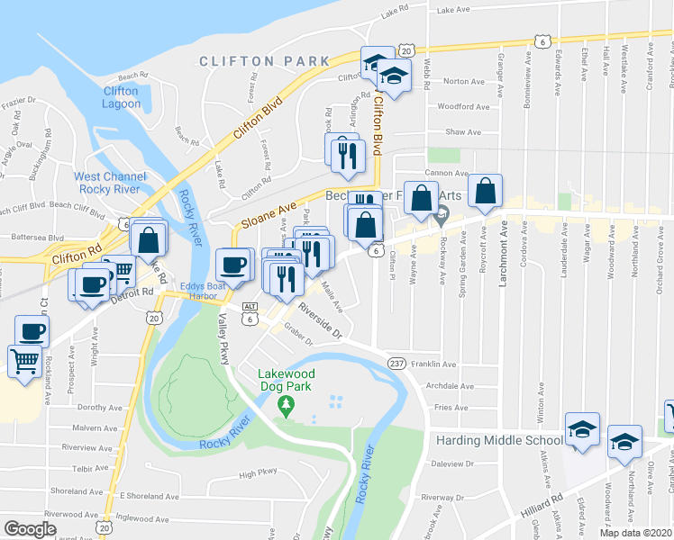 map of restaurants, bars, coffee shops, grocery stores, and more near 18224 Detroit Avenue in Lakewood