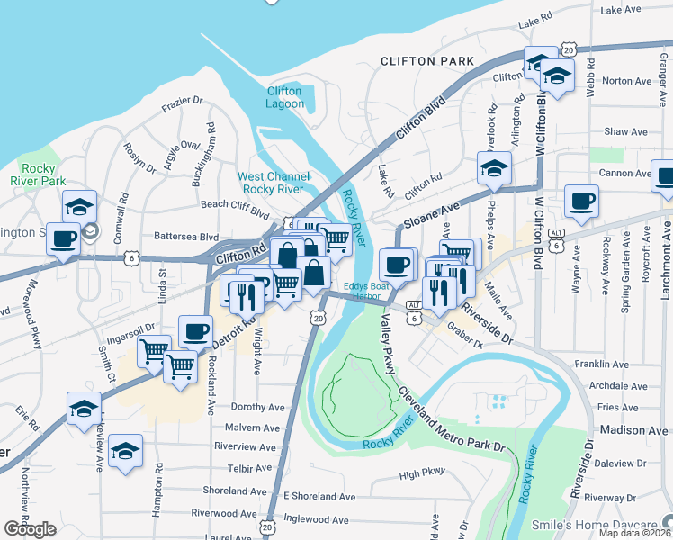 map of restaurants, bars, coffee shops, grocery stores, and more near 19000 Lake Road in Rocky River
