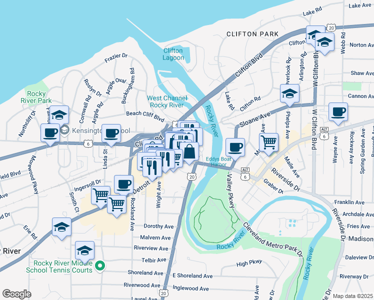 map of restaurants, bars, coffee shops, grocery stores, and more near 19067 Lake Road in Rocky River