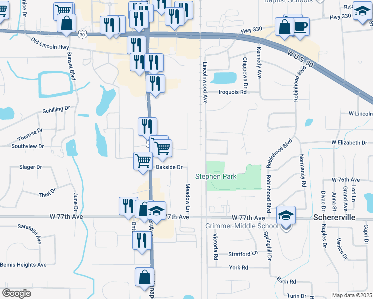 map of restaurants, bars, coffee shops, grocery stores, and more near 2120-2130 Meadow Lane in Schererville
