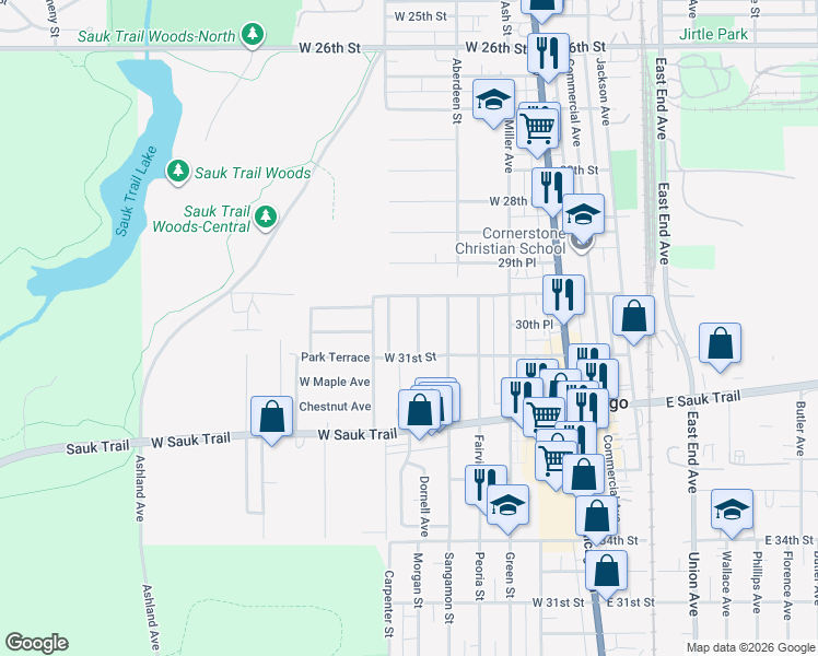 map of restaurants, bars, coffee shops, grocery stores, and more near 3005 Cappelletti Drive in South Chicago Heights