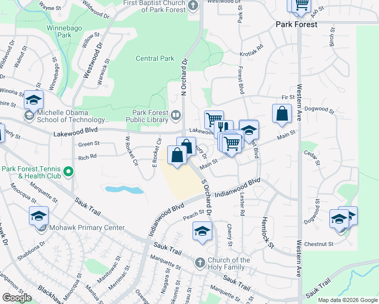map of restaurants, bars, coffee shops, grocery stores, and more near in Park Forest