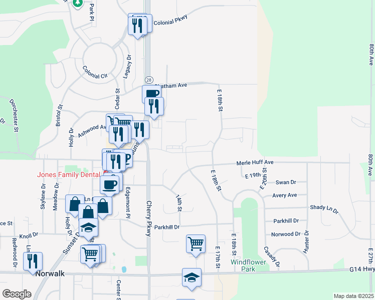map of restaurants, bars, coffee shops, grocery stores, and more near 1510 East 17th Street in Norwalk