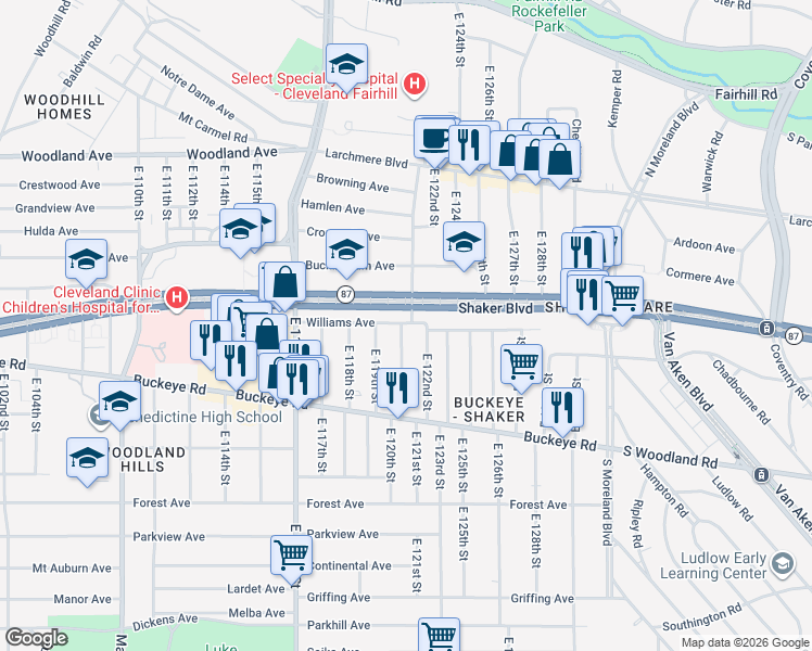 map of restaurants, bars, coffee shops, grocery stores, and more near 12024 Shaker Boulevard in Cleveland