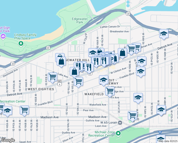 map of restaurants, bars, coffee shops, grocery stores, and more near 7006 Detroit Avenue in Cleveland