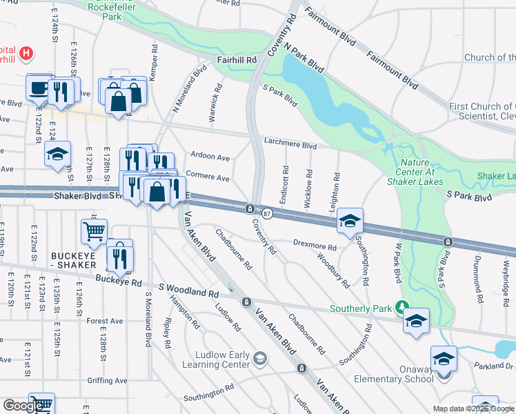 map of restaurants, bars, coffee shops, grocery stores, and more near Shaker Boulevard & Coventry Road in Shaker Heights