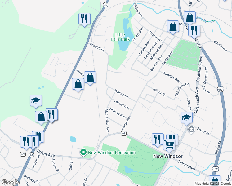 map of restaurants, bars, coffee shops, grocery stores, and more near 24 Walnut Street in New Windsor