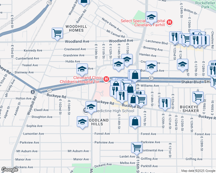 map of restaurants, bars, coffee shops, grocery stores, and more near 2801 Martin Luther King Junior Drive in Cleveland