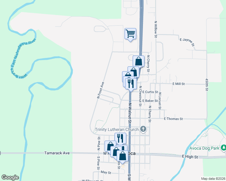 map of restaurants, bars, coffee shops, grocery stores, and more near 410 West Jack Frost Street in Avoca