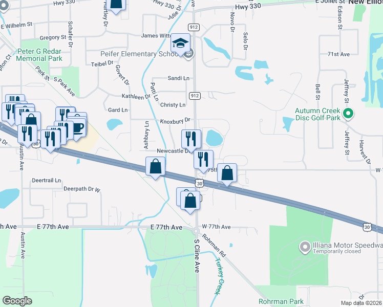 map of restaurants, bars, coffee shops, grocery stores, and more near 2114 Cline Avenue in Schererville