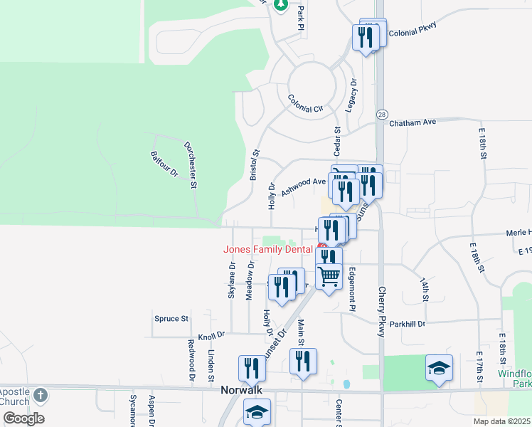 map of restaurants, bars, coffee shops, grocery stores, and more near 1611 Holly Drive in Norwalk