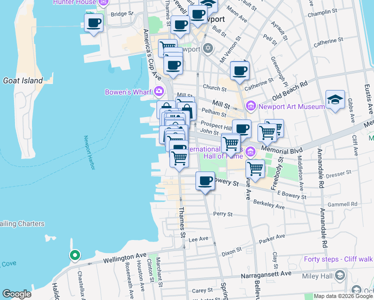 map of restaurants, bars, coffee shops, grocery stores, and more near 360 Thames Street in Newport
