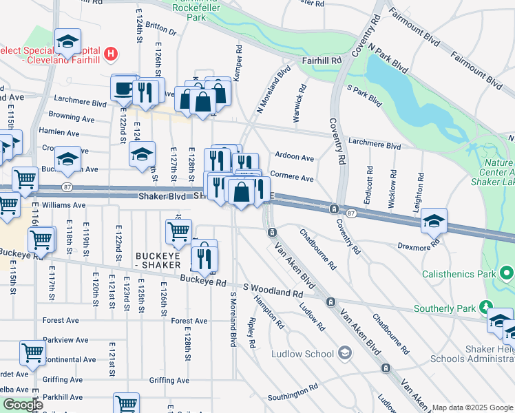 map of restaurants, bars, coffee shops, grocery stores, and more near 13225 Shaker Square in Cleveland