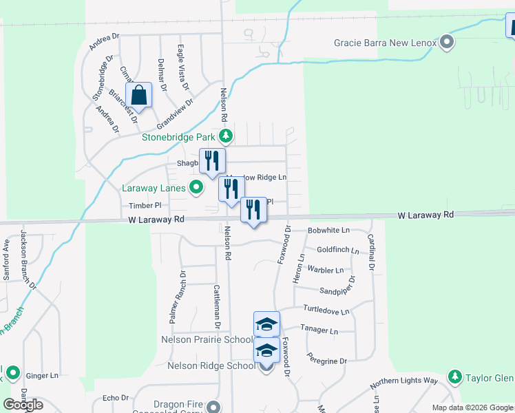 map of restaurants, bars, coffee shops, grocery stores, and more near 911 Timber Place in New Lenox