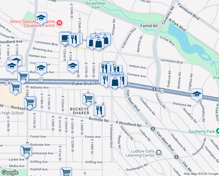map of restaurants, bars, coffee shops, grocery stores, and more near S Moreland Blvd & Shaker Square in Cleveland