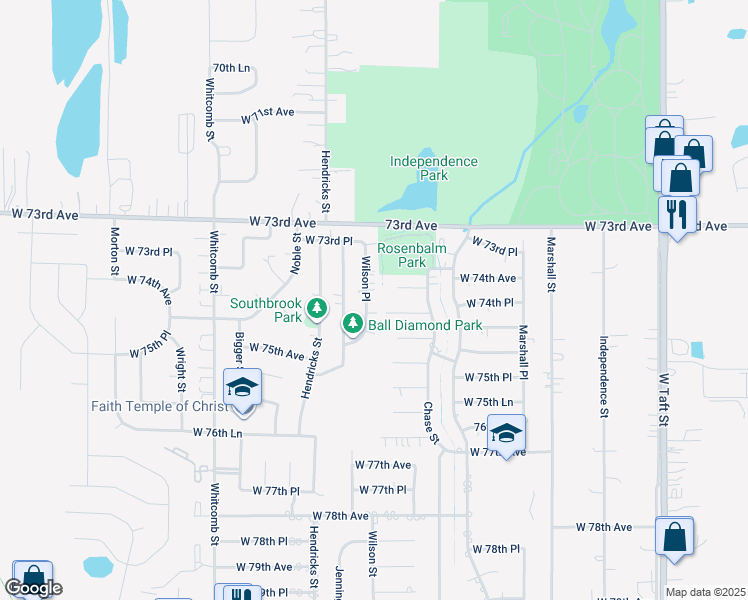 map of restaurants, bars, coffee shops, grocery stores, and more near 7406 Wilson Place in Merrillville