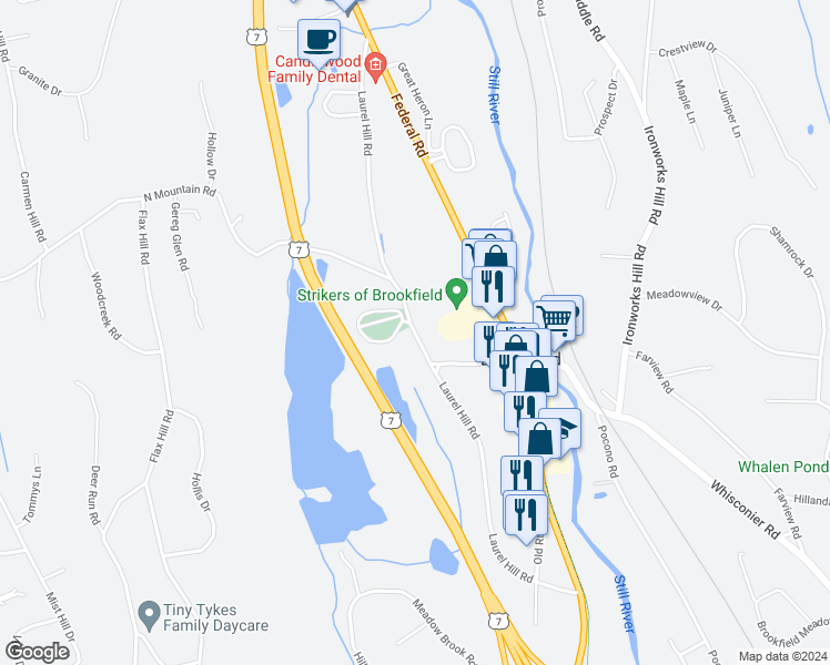 map of restaurants, bars, coffee shops, grocery stores, and more near 98 Laurel Hill Road in Brookfield