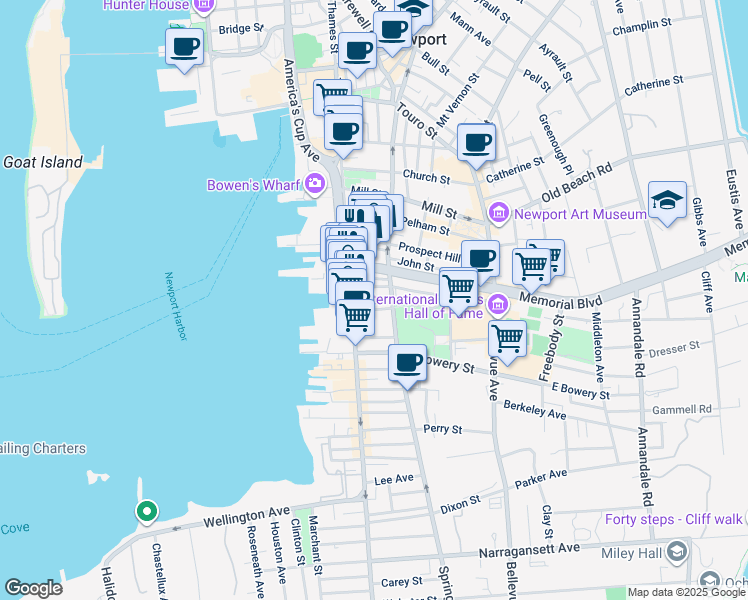 map of restaurants, bars, coffee shops, grocery stores, and more near 233 Memorial Boulevard West in Newport