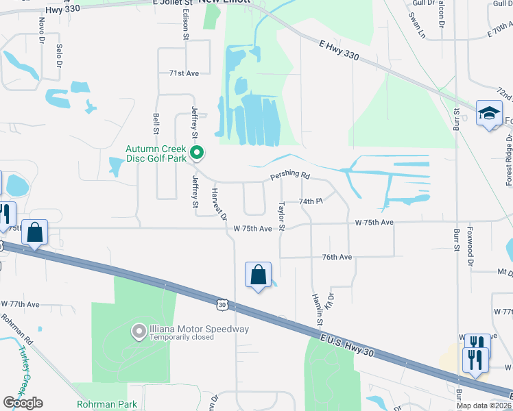 map of restaurants, bars, coffee shops, grocery stores, and more near 7400 Greenfield Street in Schererville