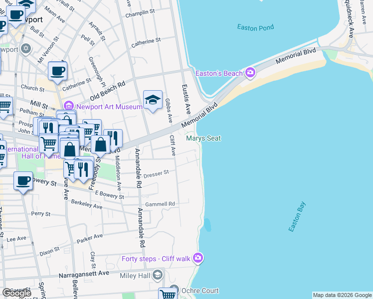 map of restaurants, bars, coffee shops, grocery stores, and more near 1 1/2 Cliff Terrace in Newport