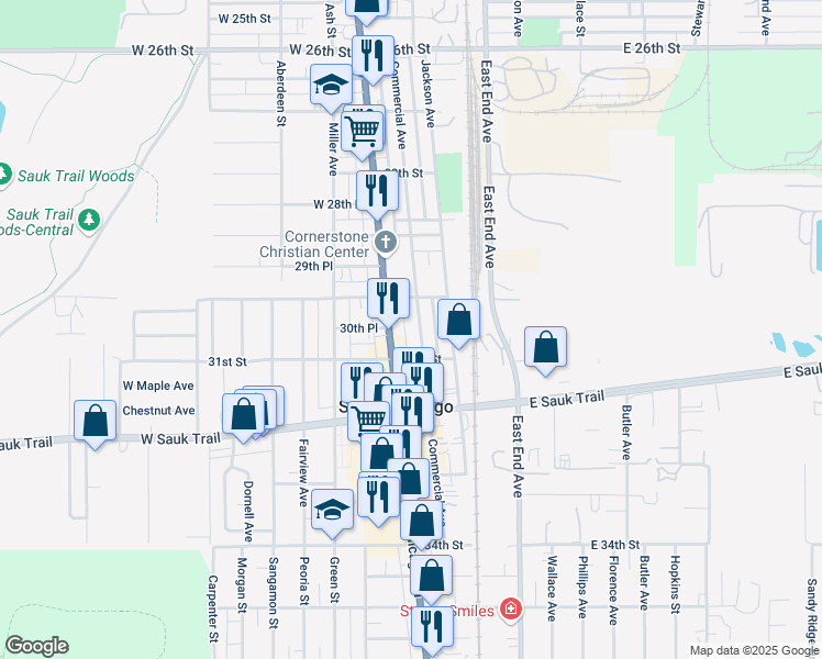 map of restaurants, bars, coffee shops, grocery stores, and more near 3006 Commercial Avenue in South Chicago Heights