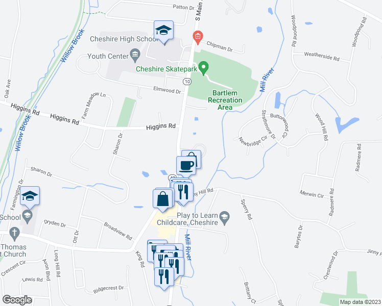 map of restaurants, bars, coffee shops, grocery stores, and more near Stonegate Circle in Cheshire