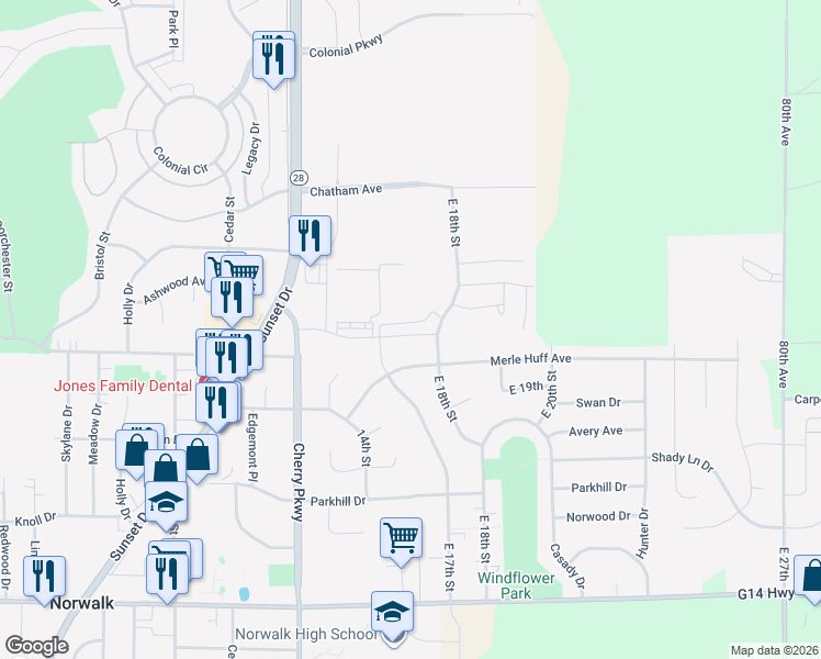 map of restaurants, bars, coffee shops, grocery stores, and more near 1725 Merle Huff Avenue in Norwalk
