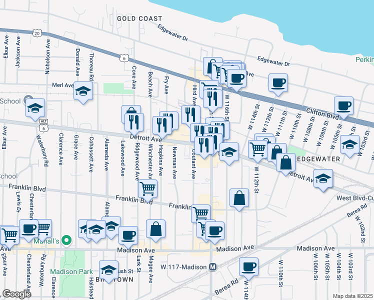 map of restaurants, bars, coffee shops, grocery stores, and more near 11814 Detroit Avenue in Lakewood