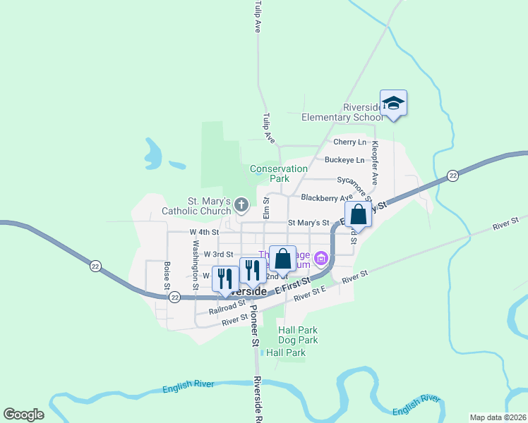 map of restaurants, bars, coffee shops, grocery stores, and more near 488-498 Vine Street in Riverside