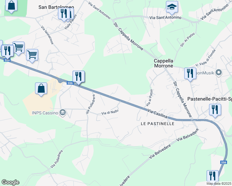 map of restaurants, bars, coffee shops, grocery stores, and more near 69 Via Casilina Sud in Cappella Morrone