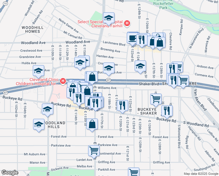 map of restaurants, bars, coffee shops, grocery stores, and more near 1643 East 118th Street in Cleveland