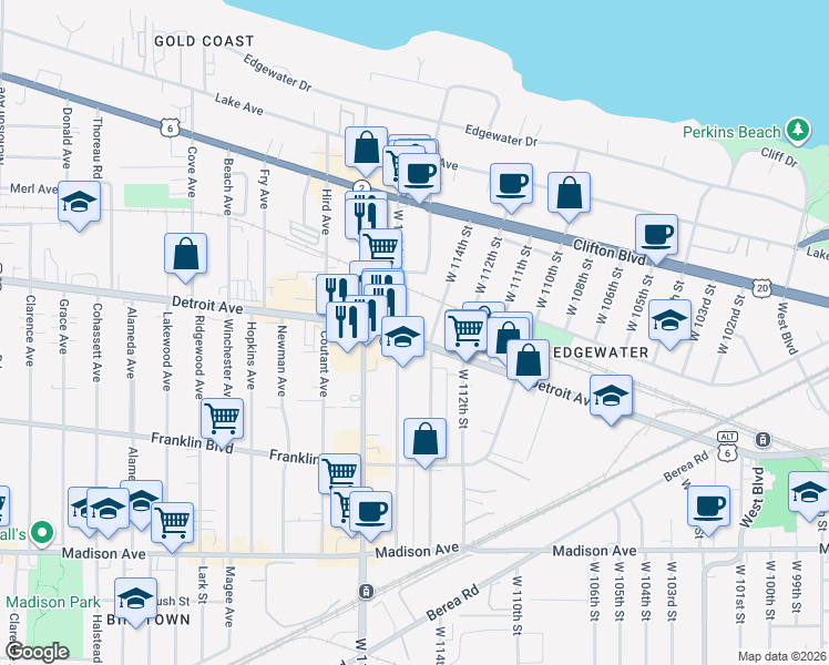 map of restaurants, bars, coffee shops, grocery stores, and more near 11500 Detroit Avenue in Cleveland
