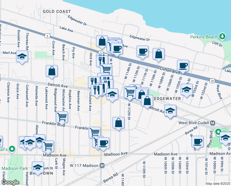 map of restaurants, bars, coffee shops, grocery stores, and more near 11500 Detroit Avenue in Cleveland