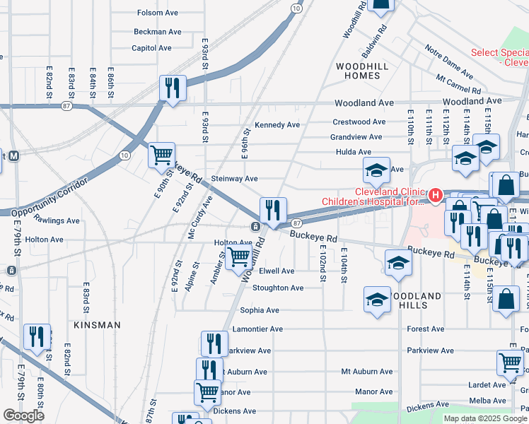 map of restaurants, bars, coffee shops, grocery stores, and more near 9615 Buckeye Road in Cleveland